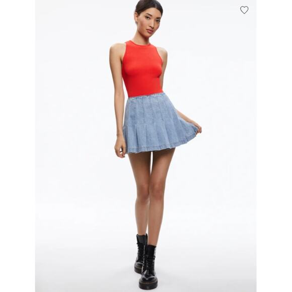 Alice Olivia Skirt Women 27 Carter Pleated Denim Mini Blue Feminine Playful Chic - Picture 1 of 12